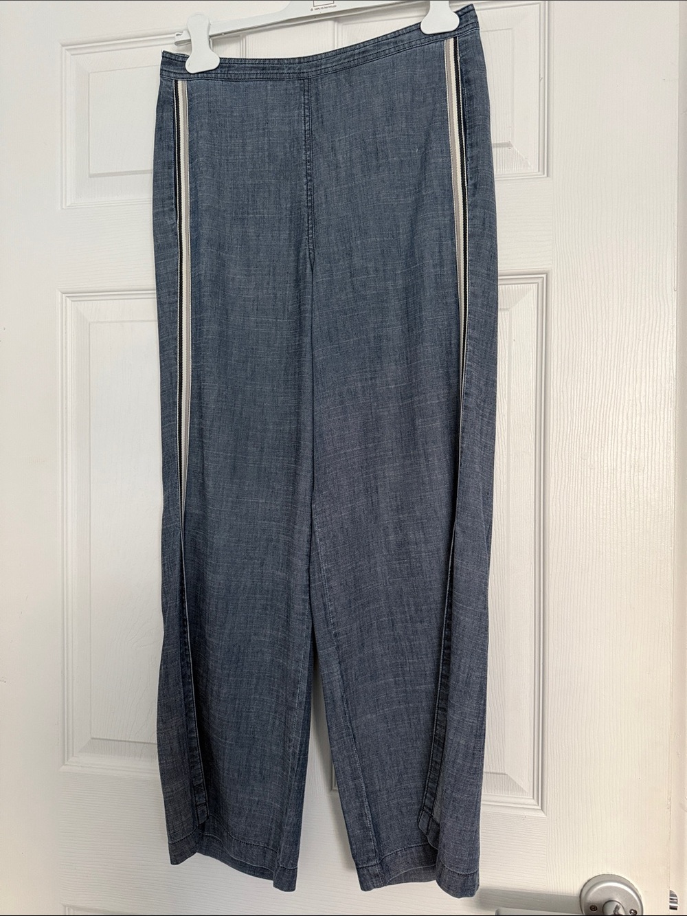 Trina Turk Blue Chambray Wide-Leg Pants with Side Stripes